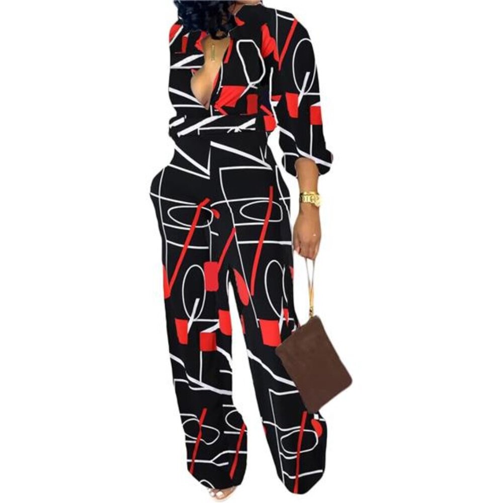 New Women's Elegant Business Casual Jumpsuit - Button-Down V-Neck, Long Sleeve, - Picture 2 of 3